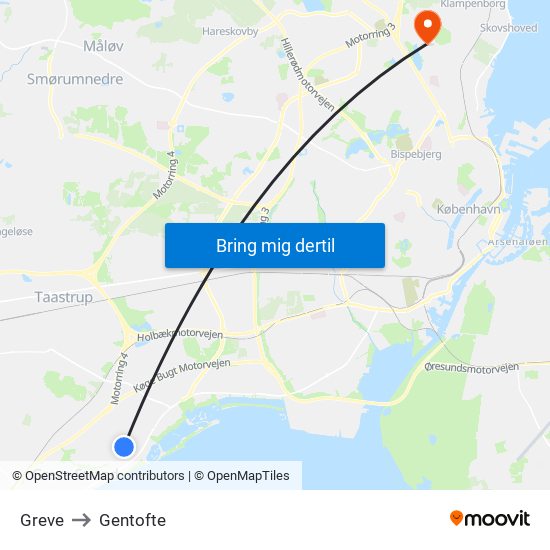 Greve to Gentofte map