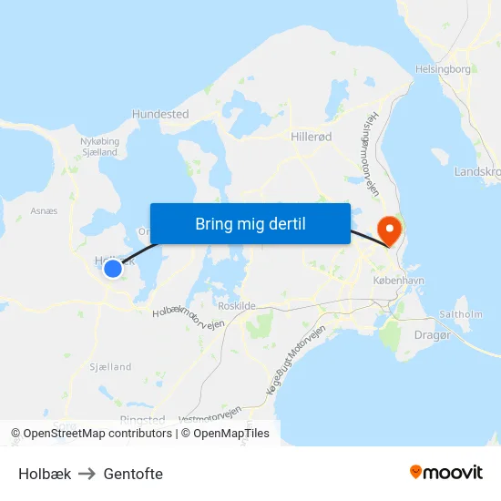 Holbæk to Gentofte map