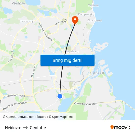 Hvidovre to Gentofte map