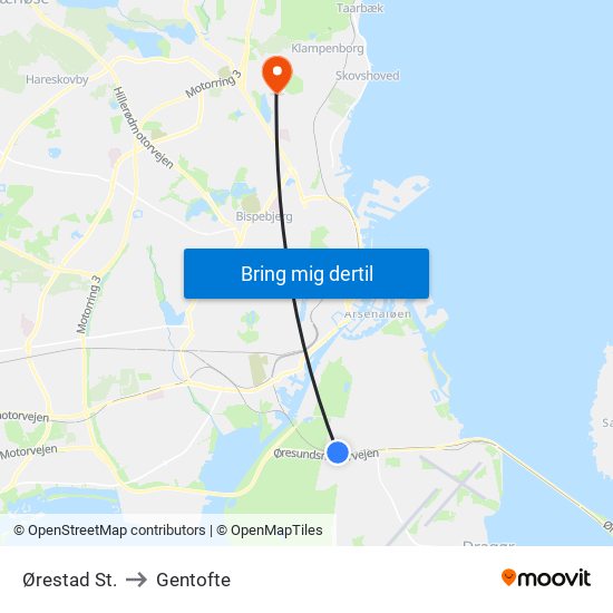 Ørestad St. to Gentofte map