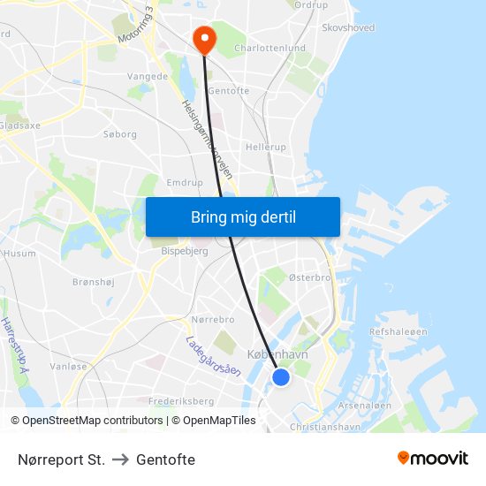 Nørreport St. to Gentofte map