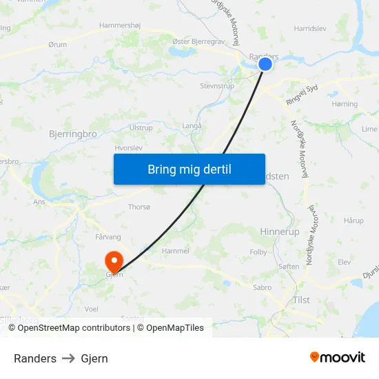 Randers to Gjern map