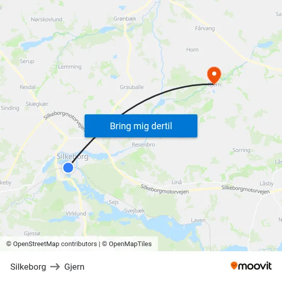 Silkeborg to Gjern map