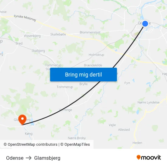 Odense to Glamsbjerg map