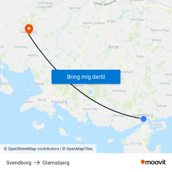 Svendborg to Glamsbjerg map