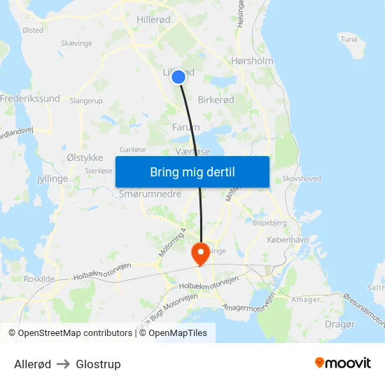 Allerød to Glostrup map