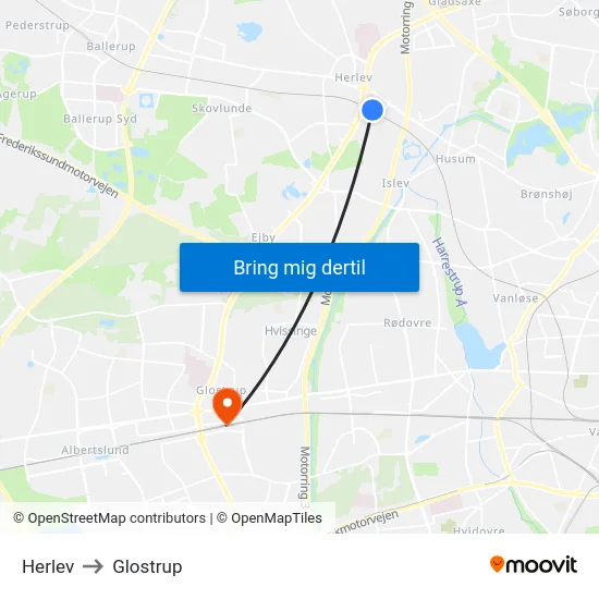 Herlev to Glostrup map