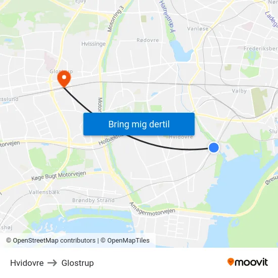 Hvidovre to Glostrup map