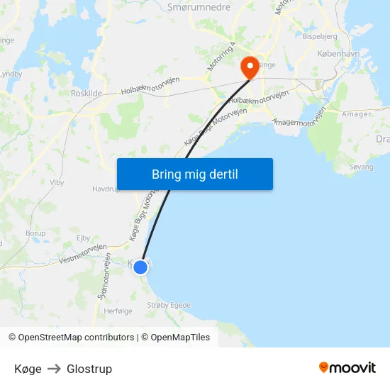 Køge to Glostrup map