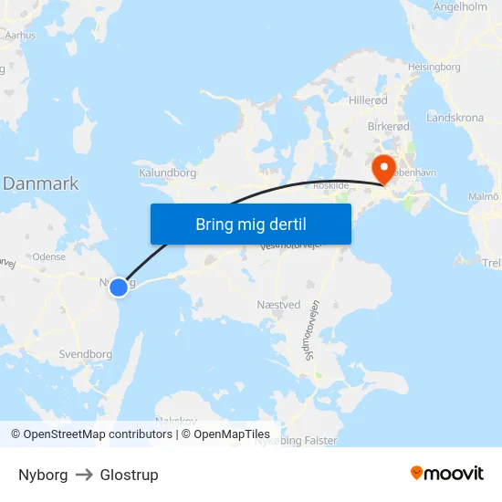 Nyborg to Glostrup map