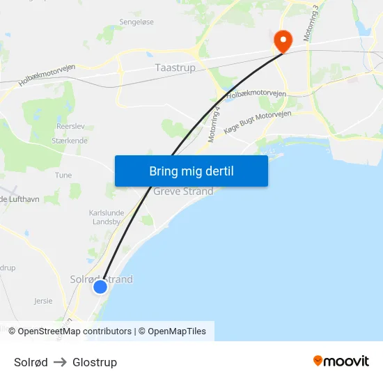 Solrød to Glostrup map