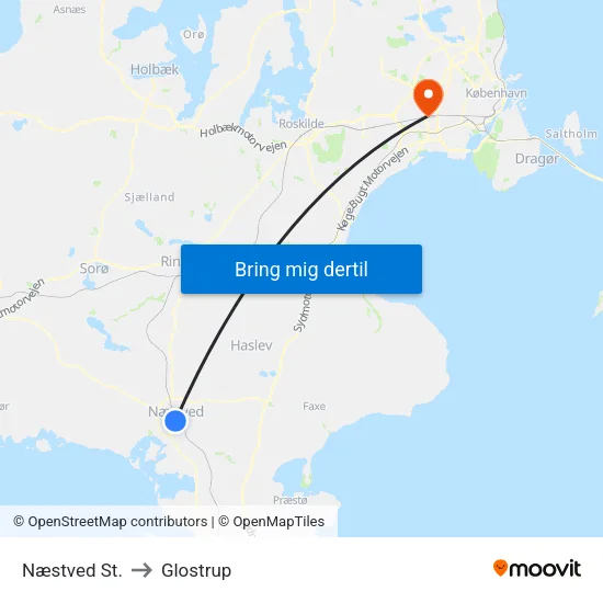 Næstved St. to Glostrup map