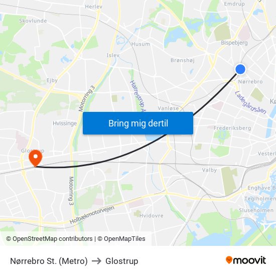 Nørrebro St. (Metro) to Glostrup map