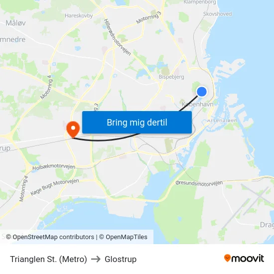 Trianglen St. (Metro) to Glostrup map