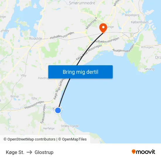 Køge St. to Glostrup map
