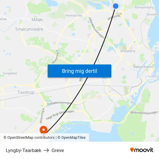 Lyngby-Taarbæk to Greve map