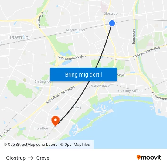 Glostrup to Greve map