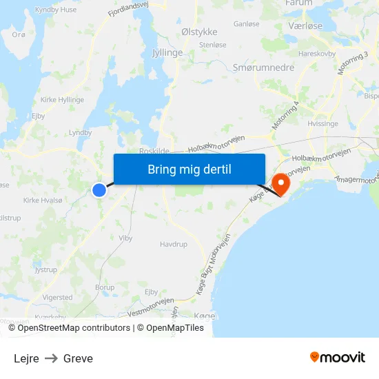 Lejre to Greve map