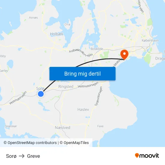 Sorø to Greve map