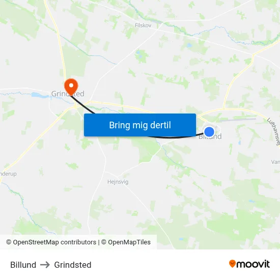 Billund to Grindsted map
