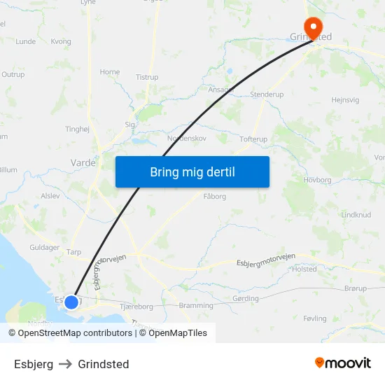Esbjerg to Grindsted map