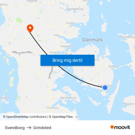 Svendborg to Grindsted map