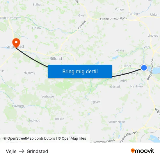 Vejle to Grindsted map
