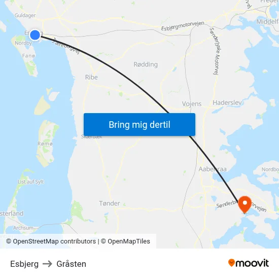 Esbjerg to Gråsten map