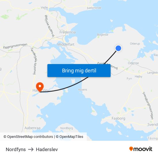 Nordfyns to Haderslev map