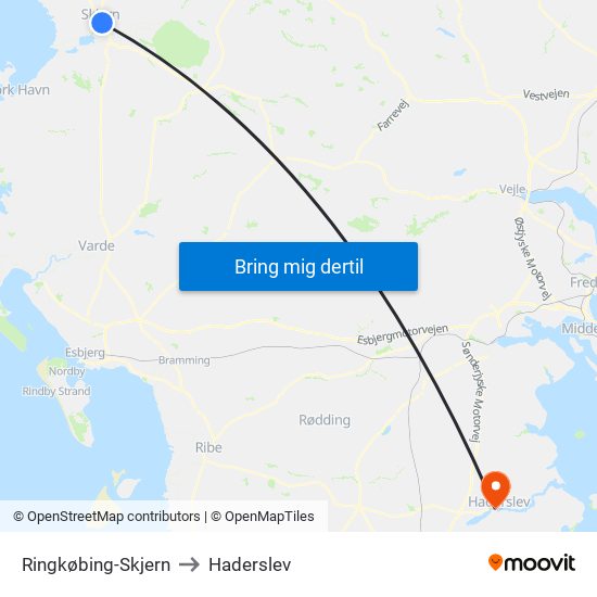 Ringkøbing-Skjern to Haderslev map