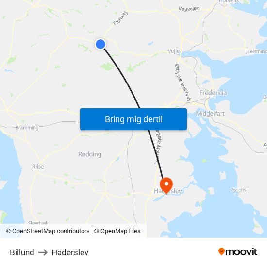 Billund to Haderslev map