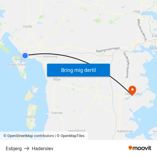 Esbjerg to Haderslev map