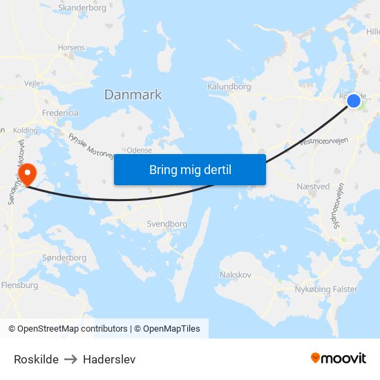 Roskilde to Haderslev map