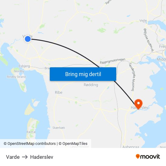 Varde to Haderslev map