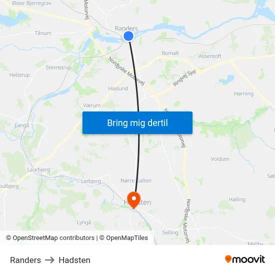 Randers to Hadsten map