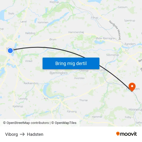 Viborg to Hadsten map