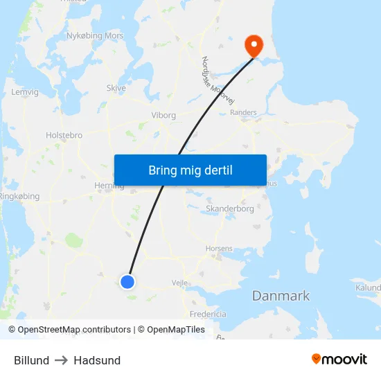 Billund to Hadsund map