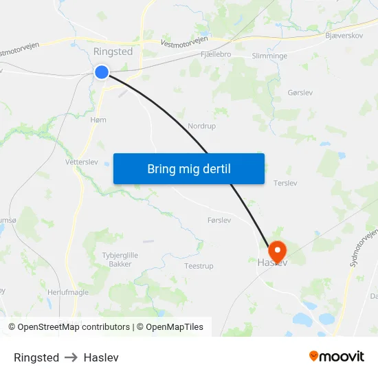 Ringsted to Haslev map