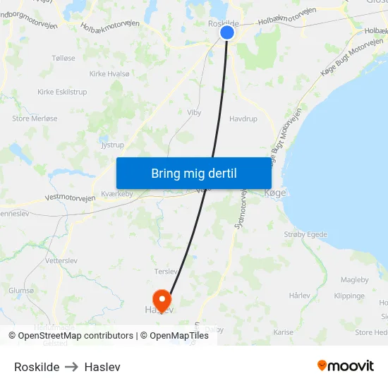 Roskilde to Haslev map
