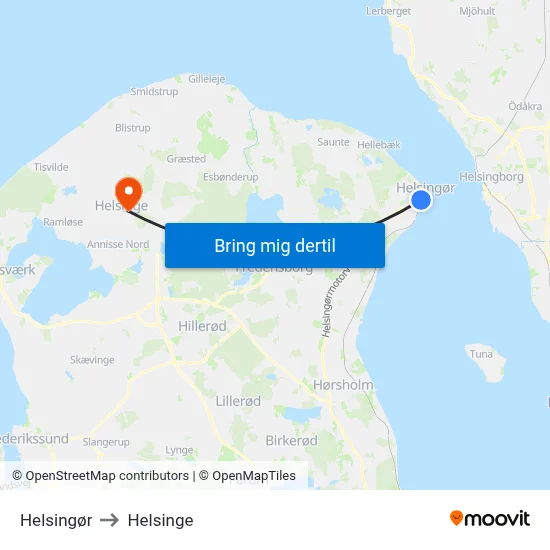 Helsingør to Helsinge map
