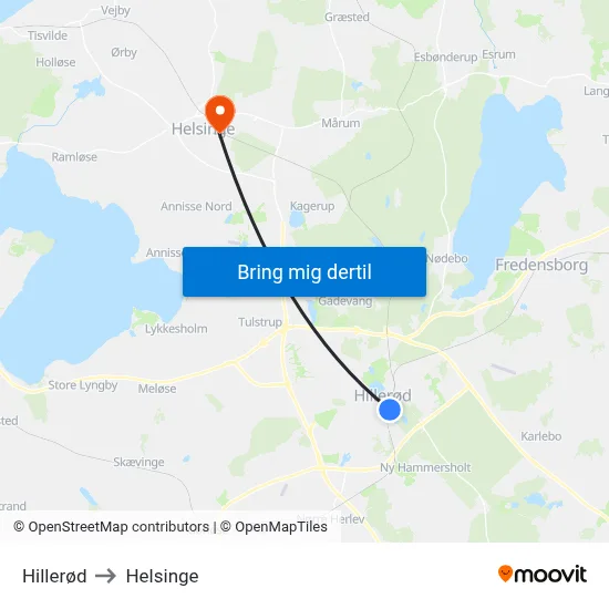 Hillerød to Helsinge map