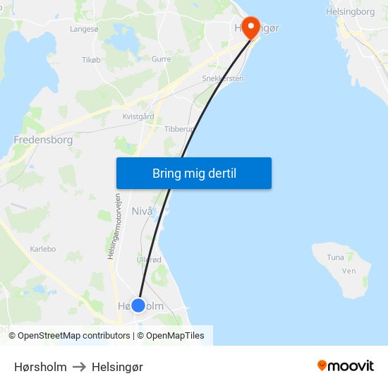 Hørsholm to Helsingør map