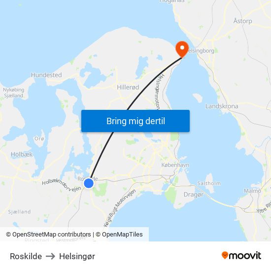Roskilde to Helsingør map
