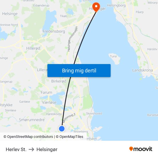 Herlev St. to Helsingør map