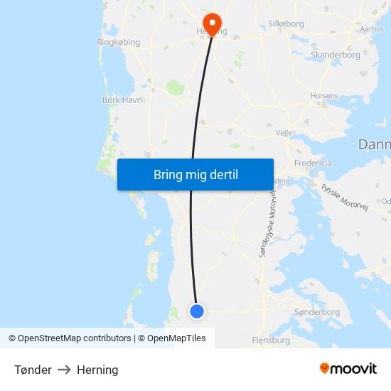 Tønder to Herning map