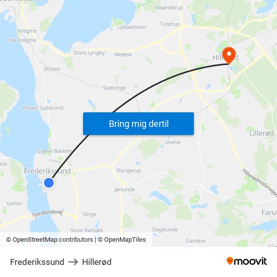 Frederikssund to Hillerød map