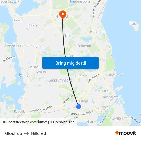 Glostrup to Hillerød map