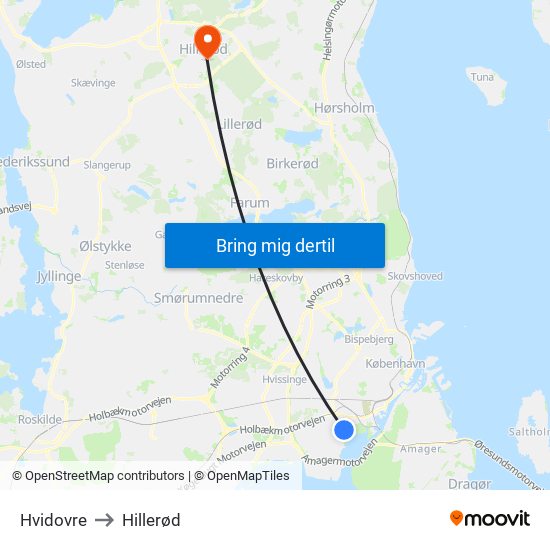 Hvidovre to Hillerød map
