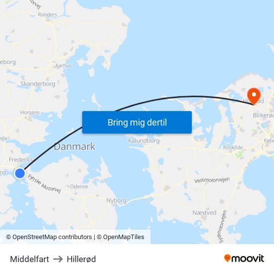 Middelfart to Hillerød map