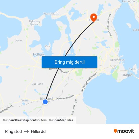 Ringsted to Hillerød map